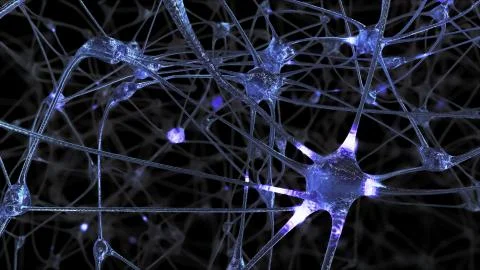 3D rendering of a network of neuron cells and synapses in the brain through w Illustrazione stock