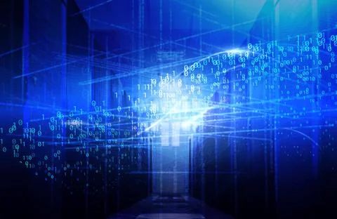 3D rendering network server room with computers for digital communications and Stock Illustration