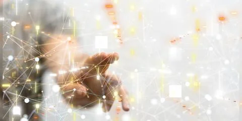 3D rendering of neural network 3D with big data and cybersecurity and a hand poi Foto stock