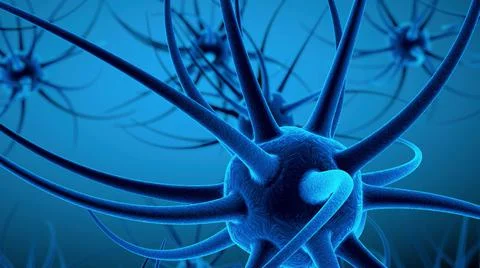 3d rendering of a neuron with dendrites on dark blue background Illustrazione stock