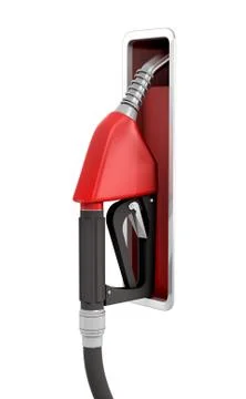 3d rendering of a new black and red fuel nozzle still attached to a holder on Stock Illustration