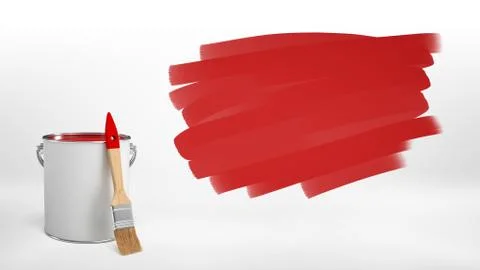 3d rendering of a new bucket of red paint with a wooden brush leaning on it Stock Illustration