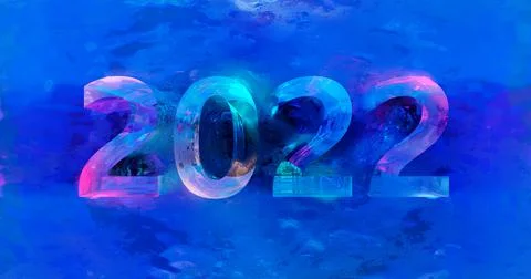 3d rendering. The new year 2022 is cut out in a piece of ice with different c Stock Illustration