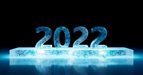 3d rendering. New year 2022 ice sculpture on a rectangular podium with neon l Stock Illustration