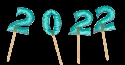3d rendering. New year 2022 date made from ice on a stick on an isolated blac Stock Illustration