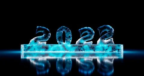 3d rendering. New year 2022 date made from ice on rectangular podium on isola Stock Illustration