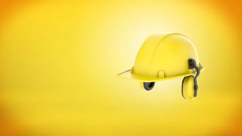 3d rendering of a new yellow construction hard hat with ear muffs attached on Stock Illustration