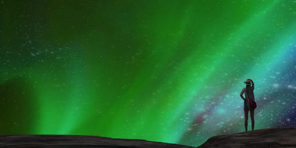 3d rendering of nice aurora with clear start behind it Stock Photos