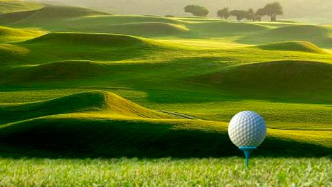 3d rendering of nice view of golf ball on the holder with golf field Foto stock