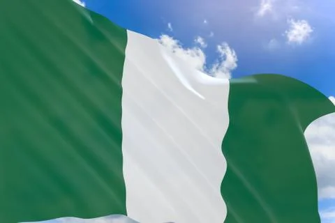 3D rendering of Nigeria flag waving on blue sky background Stock Illustration