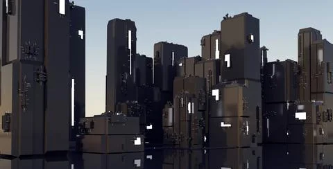 3D Rendering of Night warehouse cyber city of the slum, space station, repo.. Stock Photos