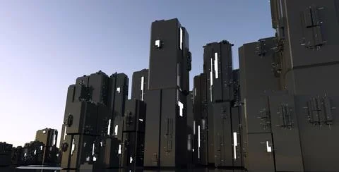 3D Rendering of Night warehouse cyber city of the slum, space station, repo.. Stock Photos