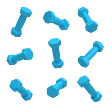 3d rendering of nine small blue dumbbells in different views on white background Stock Illustration