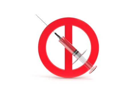 3D Rendering of No Drugs Allowed Sytinge with Red Stop Warning Sign 스톡 일러스트