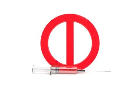 3D Rendering of No Drugs Allowed Sytinge with Red Stop Warning Sign 스톡 일러스트