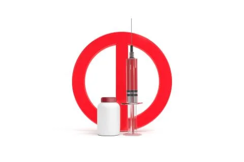 3D Rendering of No Drugs Allowed Sytinge with Red Stop Warning Sign 스톡 일러스트