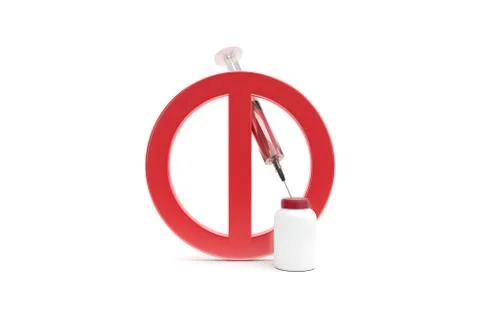 3D Rendering of No Drugs Allowed Sytinge with Red Stop Warning Sign 스톡 일러스트