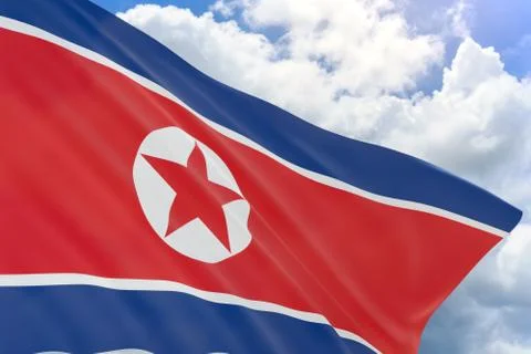 3D rendering of North Korea flag waving on blue sky Stock Photos