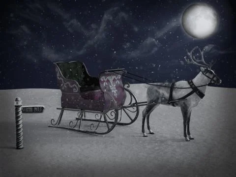 3D rendering of a north pole sign and reindeer with sleigh at night. Illustrazione stock