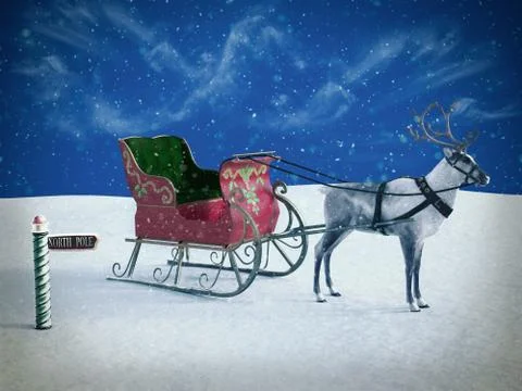 3D rendering of a north pole sign and reindeer with sleigh. Illustrazione stock