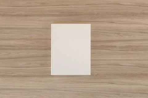 А 3d rendering of a notebook with a white cover and copy space on a wooden s Stock Illustration