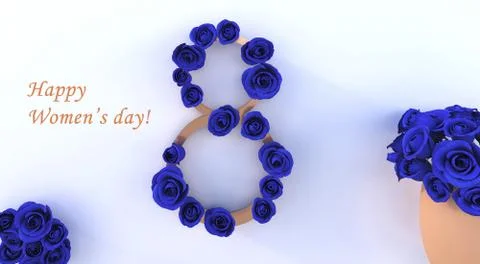 3d rendering of a number eight with blue roses for women's day Illustrazione stock