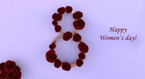 3d rendering of a number eight with roses for women's day Illustrazione stock