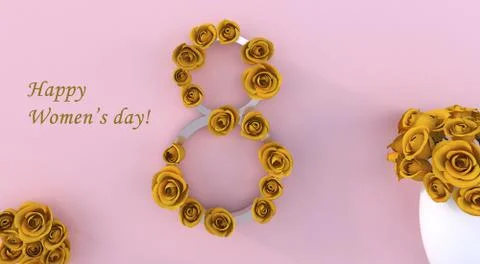 3d rendering of a number eight with yellow roses and a vase for women's day Illustrazione stock
