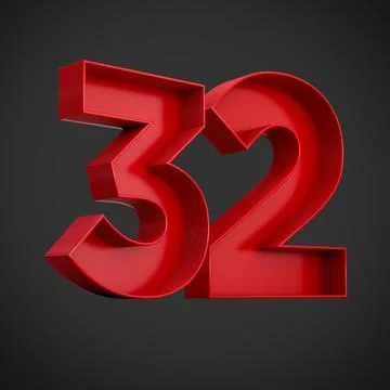 3d rendering of the number thirty-two in red over the black background - 32 icon Stock Illustration