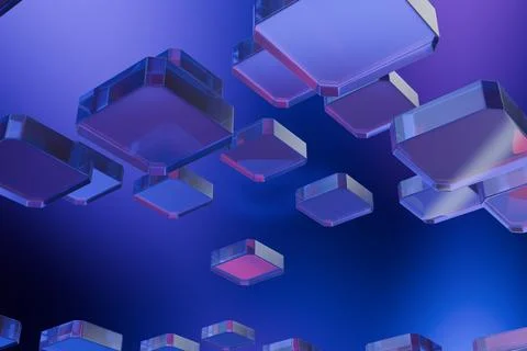 A 3D rendering of numerous shiny, reflective cubes floating in mid-air Stock Illustration