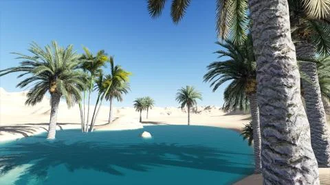3d rendering - Oasis In A Desert With Hot Sun In Background Stock Illustration
