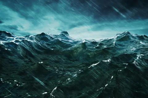 3D rendering Ocean wave with storm . Closeup view . Stock Photos