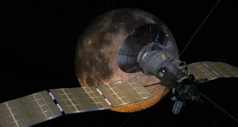 3D rendering od space satellite and the moon on black starry sky background Illustrazione stock