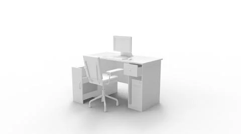 3D rendering of an office desk working place isolated on white empty background Stock Illustration