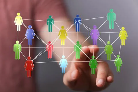 A 3d rendering of an office teamwork digital concept with colorful human figu Stock Photos