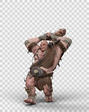3D rendering of an ogre in battle armour and holding a club over his head rea Stock Illustration