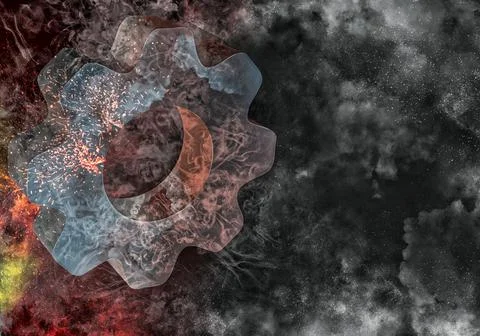 3d rendering of old and rustic gear with black and orange smoke Stock Illustration