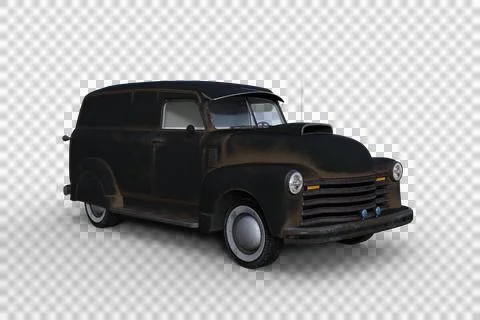 3D rendering of an old black retro American panel van isolated on transparent Stock Illustration