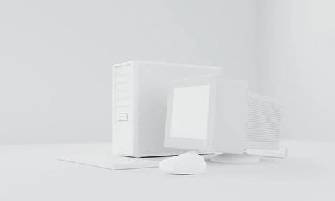 3D rendering old computer standard workstation, crt white screen, atx case,.. Stock Photos
