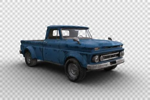 3D rendering of an old dusty vintage blue pickup truck isolated on transparen Illustrazione stock
