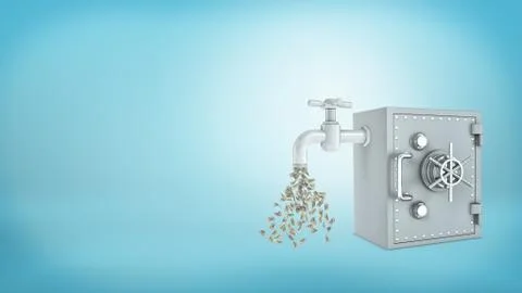 3d rendering of a old-fashioned metal safe box stands with a faucet connected to Stock Illustration