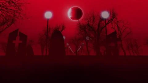 3D rendering of an old graveyard with three tombs with crosses, a row of stre Stock Illustration