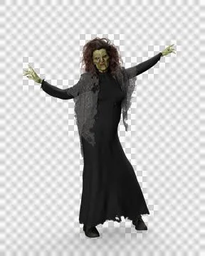 3D rendering of an old hag Halloween witch in black dress isolated on a trans Stock Illustration
