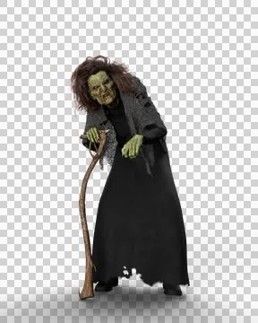 3D rendering of an old haggered Halloween witch in black dress leaing on a wa Stock Illustration