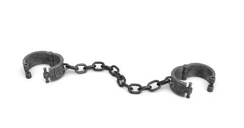 3d rendering of old iron arm shackles on a chain lying open on white background. イラスト素材