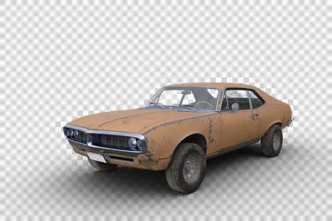 3D rendering of an old retro American muscle car with rusty yellow body isola Illustrazione stock