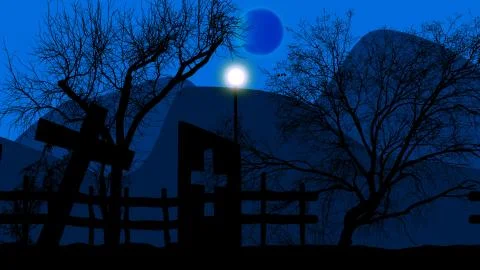 3D rendering of old sinister tombs with crosses and weird trees at a graveyar Stock Illustration