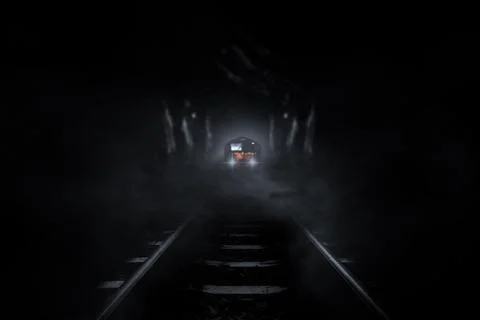 3D Rendering Old trains run through old tunnels at night. Illustrazione stock