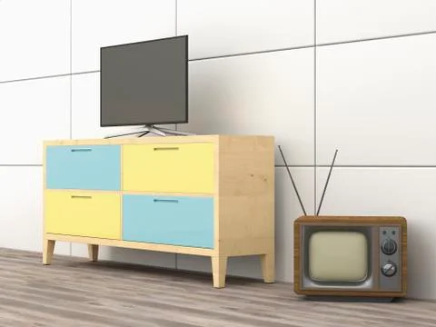 3D Rendering, old tv, modern flatscreen tv on wardrobe Stock Illustration