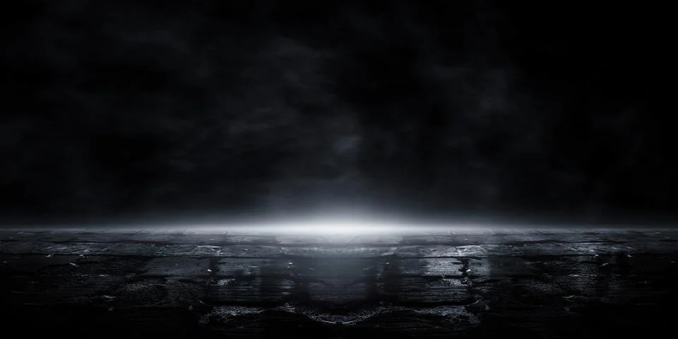 3D rendering old wet asphalt, reflection of neon lights, a searchlight, smoke Illustrazione stock
